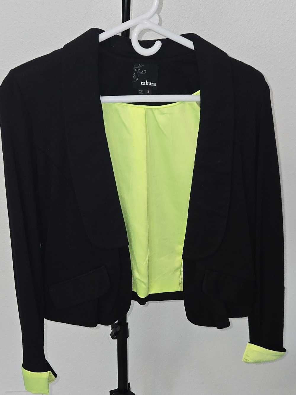 Takara Black Cropped Blazer with Neon Yellow Lining